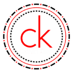Logo da Calvin Klein com as iniciais "ck" em destaque, cercada por um design circular em preto, branco e vermelho, representando a marca de moda moderna e icônica.