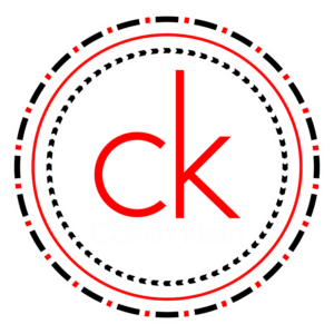 Logo da Calvin Klein com as iniciais "ck" em destaque, cercada por um design circular em preto, branco e vermelho, representando a marca de moda moderna e icônica.