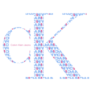 Logotipo estilizado da Calvin Klein Jeans com letras "CK" em fundo colorido, destacando a marca e a cidade de Nova Iorque.