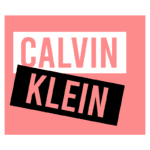 Logotipo da Calvin Klein em um fundo rosa, com destaque para o nome "Calvin" em branco e "Klein" em preto, representando a marca de moda.