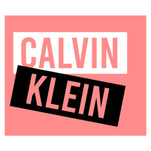 Logotipo da Calvin Klein em um fundo rosa, com destaque para o nome "Calvin" em branco e "Klein" em preto, representando a marca de moda.