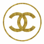 Logotipo glamoroso da marca Chanel, representando as letras 'C' entrelaçadas em um círculo dourado que simboliza luxo e sofisticação no mundo da moda.