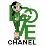 Personagem estilizada vestindo roupas verdes com estampas da Chanel, posando com uma mão para o lado e um sorriso. Ao fundo, estão as palavras "LOVE CHANEL". A imagem incorpora elementos da cultura pop e moda.