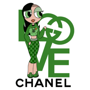 Personagem estilizada vestindo roupas verdes com estampas da Chanel, posando com uma mão para o lado e um sorriso. Ao fundo, estão as palavras "LOVE CHANEL". A imagem incorpora elementos da cultura pop e moda.