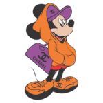 Mickey Mouse vestido com moletom laranja e tênis, segurando uma bolsa roxa da Chanel. Estilo urbano e moderno, combinando elementos de moda e cultura pop.