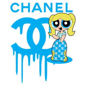 Imagem de uma personagem estilizada, inspirada nas Powerpuff Girls, usando um traje colorido e estampado com a marca Chanel, com o logotipo da marca em fundo azul e detalhes gráficos de tinta escorrendo.