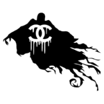 Logo estilizado em preto com a marca Chanel, representando um fantasma com cabelos esvoaçantes. Ideal para temas de moda, arte e cultura urbana.