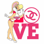 Personagem feminina coelho com cabelo loiro, usando biquíni, posando ao lado da frase "LOVE" em rosa e o logo da Chanel. Ideal para temas de moda e estilo.