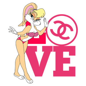 Personagem feminina coelho com cabelo loiro, usando biquíni, posando ao lado da frase "LOVE" em rosa e o logo da Chanel. Ideal para temas de moda e estilo.