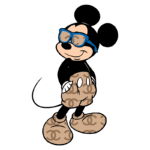 Mickey Mouse estilizado usando óculos azuis e calças com estampa da Chanel, sorrindo e em pé.