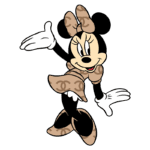 Minnie Mouse vestida com traje estilizado da Chanel, posando com um sorriso, gesticulando com as mãos em fundo verde.