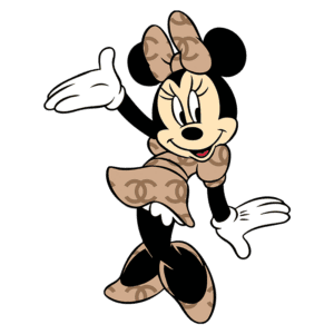 Minnie Mouse vestida com traje estilizado da Chanel, posando com um sorriso, gesticulando com as mãos em fundo verde.