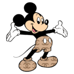 Mickey Mouse estilizado com calças e sapatos com padrão da Chanel, sorrindo e com os braços abertos. Ilustração colorida e icônica do famoso personagem da Disney.