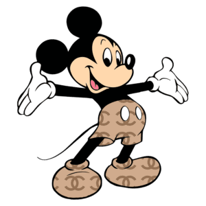 Mickey Mouse estilizado com calças e sapatos com padrão da Chanel, sorrindo e com os braços abertos. Ilustração colorida e icônica do famoso personagem da Disney.