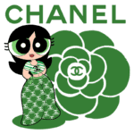 Personagem estilizada com roupas da marca Chanel em fundo verde, destacando a logomarca e a flor icônica da marca.