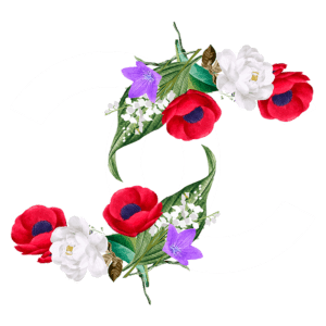Logotipo da Chanel estilizado com flores coloridas, incluindo rosas vermelhas, flores brancas e lilases, destacando o design luxuoso e a estética da marca.