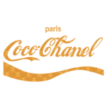 Logotipo da marca Coco Chanel com a palavra "Paris" em destaque, apresentando um design elegante e icônico, predominante em tons de amarelo e laranja, refletindo a identidade da marca de moda renomada.