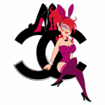 Ilustração de uma personagem feminina estilizada, com cabelo vermelho e coelho na cabeça, usando um body rosa com estampa de logotipos, sentada em frente ao símbolo da marca de moda Chanel. O design é divertido e atraente, refletindo estilo e criatividade.