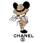 Ilustração de um personagem inspirado no Mickey Mouse, vestindo um traje de luxuosa estampa da Chanel, com chapéu e pose estilizada, acompanhado do logo da marca abaixo.