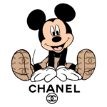 Mickey Mouse estilizado com elementos da marca Chanel, sentado e sorrindo, com os sapatos apresentando o padrão da marca. Abaixo, o logotipo "CHANEL".