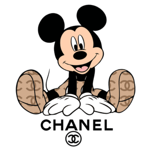 Mickey Mouse estilizado com elementos da marca Chanel, sentado e sorrindo, com os sapatos apresentando o padrão da marca. Abaixo, o logotipo "CHANEL".
