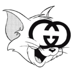 Desenho estilizado de um gato com expressão divertida, usando óculos com o logo da marca Gucci. O fundo é verde, destacando a imagem em preto e branco.