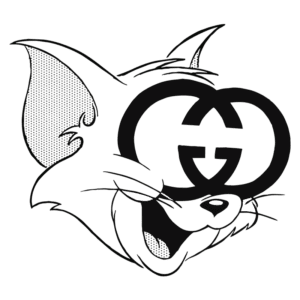 Desenho estilizado de um gato com expressão divertida, usando óculos com o logo da marca Gucci. O fundo é verde, destacando a imagem em preto e branco.