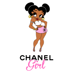 Ilustração de uma garota estilizada com cabelo em coque, usando um top branco e saia rosa com o logotipo da Chanel, com acessórios dourados. Texto destacado "CHANEL Girl" em letras grandes.