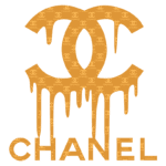 Logotipo da marca Chanel com o design característico em laranja, apresentando o icônico símbolo "CC" e o nome "CHANEL", com detalhes que simulam gotejamento, destacando elementos modernos e criativos da moda.