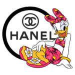 Imagem da personagem Donald Duck, em uma ilustração estilizada, vestindo um conjunto colorido com a logo da marca Chanel, posando de maneira descontraída ao lado do logotipo da marca.