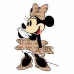 Minnie Mouse vestida com um vestido e laço estampados com o logo da Chanel, sorrindo e colocando a mão na boca, representando estilo e simpatia.