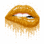 Lábios com brilho dourado, decorados com glitter, destacando um sorriso elegante. Ideal para temas de maquiagem e festas glamorosas.