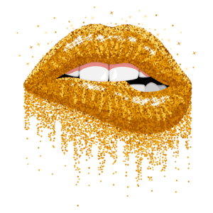 Lábios com brilho dourado, decorados com glitter, destacando um sorriso elegante. Ideal para temas de maquiagem e festas glamorosas.
