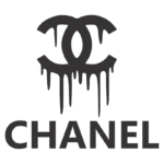 Logotipo da marca de moda Chanel com as letras "CC" estilizadas em preto e detalhes que parecem estar gotejando, acompanhado do nome "CHANEL" em letras maiúsculas.