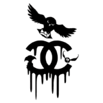 Logotipo estilizado inspirado na marca Chanel, complementado por elementos como um pássaro, cartas e símbolos que remetem à cultura pop. A arte apresenta um design urbano com detalhes dripping, refletindo uma fusão entre moda e expressão artística.