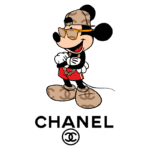 Mickey Mouse estilizado usando roupas de grife, óculos de sol e acessórios da Chanel, posando com atitude.