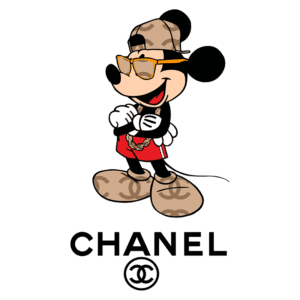 Mickey Mouse estilizado usando roupas de grife, óculos de sol e acessórios da Chanel, posando com atitude.