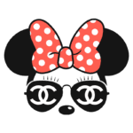 Ilustração de um rosto estilizado de um rato feminino com orelhas grandes, laço vermelho com bolinhas brancas e óculos escuros com o logotipo da Chanel. A imagem combina elementos clássicos da cultura pop com toques de moda luxuosa.