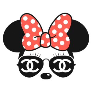 Ilustração de um rosto estilizado de um rato feminino com orelhas grandes, laço vermelho com bolinhas brancas e óculos escuros com o logotipo da Chanel. A imagem combina elementos clássicos da cultura pop com toques de moda luxuosa.