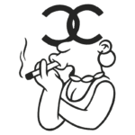 Ilustração de uma mulher fumando, com colar de corrente e cabelo preso, destacando o logotipo estilizado "CC" acima dela. A imagem combina elementos de arte urbana e cultura contemporânea.