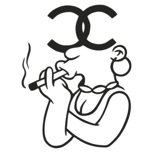 Ilustração de uma mulher fumando, com colar de corrente e cabelo preso, destacando o logotipo estilizado "CC" acima dela. A imagem combina elementos de arte urbana e cultura contemporânea.