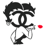 Ilustração estilizada de uma mulher com cabelo vintage, fazendo um gesto de beijo, com o logotipo da Chanel em destaque.