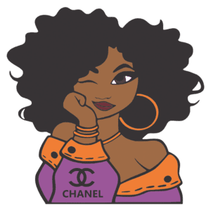 Ilustração de uma mulher com cabelo cacheado e abundante, usando uma blusa roxa com o logotipo da Chanel, brincos grandes e expressando uma atitude confiante com um piscar de olho.