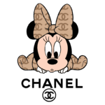 Minnie Mouse estilizada com laço e padrão de Chanel, representando a fusão entre moda e cultura pop. Logo da marca Chanel embaixo.