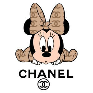 Minnie Mouse estilizada com laço e padrão de Chanel, representando a fusão entre moda e cultura pop. Logo da marca Chanel embaixo.