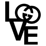 Imagem do logo estilizado "LOVE", combinando letras em negrito e elementos gráficos da marca Gucci, simbolizando amor e moda de alta qualidade.