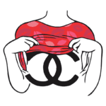 Ilustração de uma figura feminina com pele verde, usando uma blusa vermelha com estampas de beijos, puxando a parte superior da blusa para cima. Abaixo, um símbolo em destaque, representando um ícone relacionado à feminilidade ou ao bem-estar.