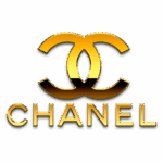Logotipo da marca de luxo Chanel com as letras "CC" entrelaçadas em dourado, seguido do nome "CHANEL" em letras grandes e volumosas, ideal para representar moda e elegância.