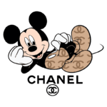 Imagem do Mickey Mouse com estilo de moda, utilizando sapatos estampados com o logotipo da Chanel, acompanhado do nome "CHANEL" abaixo, em fonte destacada.
