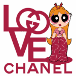 Personagem estilizada com cabelo laranja, usando roupas estampadas da marca Chanel, ao lado do texto "LOVE CHANEL" em vermelho. Ideal para ilustrar a fusão entre moda e cultura pop.